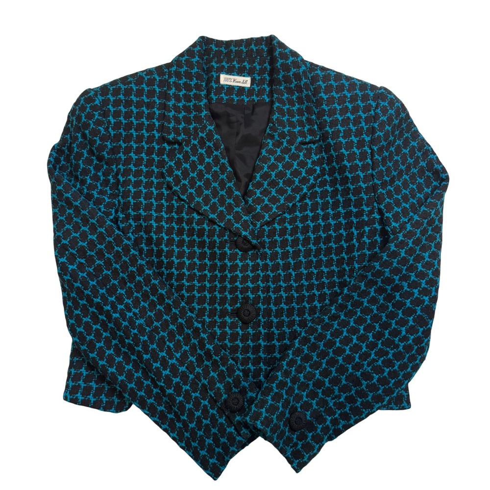 Vintage Ann May Silk Blazer Jacket Blue Black Tweed Women's Size 4